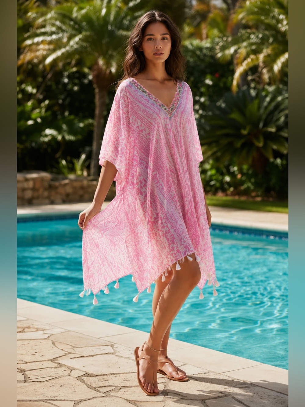 Subtle Luxury viscose and linen swimsuit coverup pink/white animal stripe. OS
